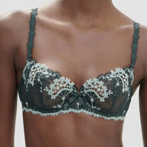 Simone Perle Wish Sheer Demi Bra Sz 36C Kolsai Green Embroidered Floral Jaquard - Picture 2 of 11